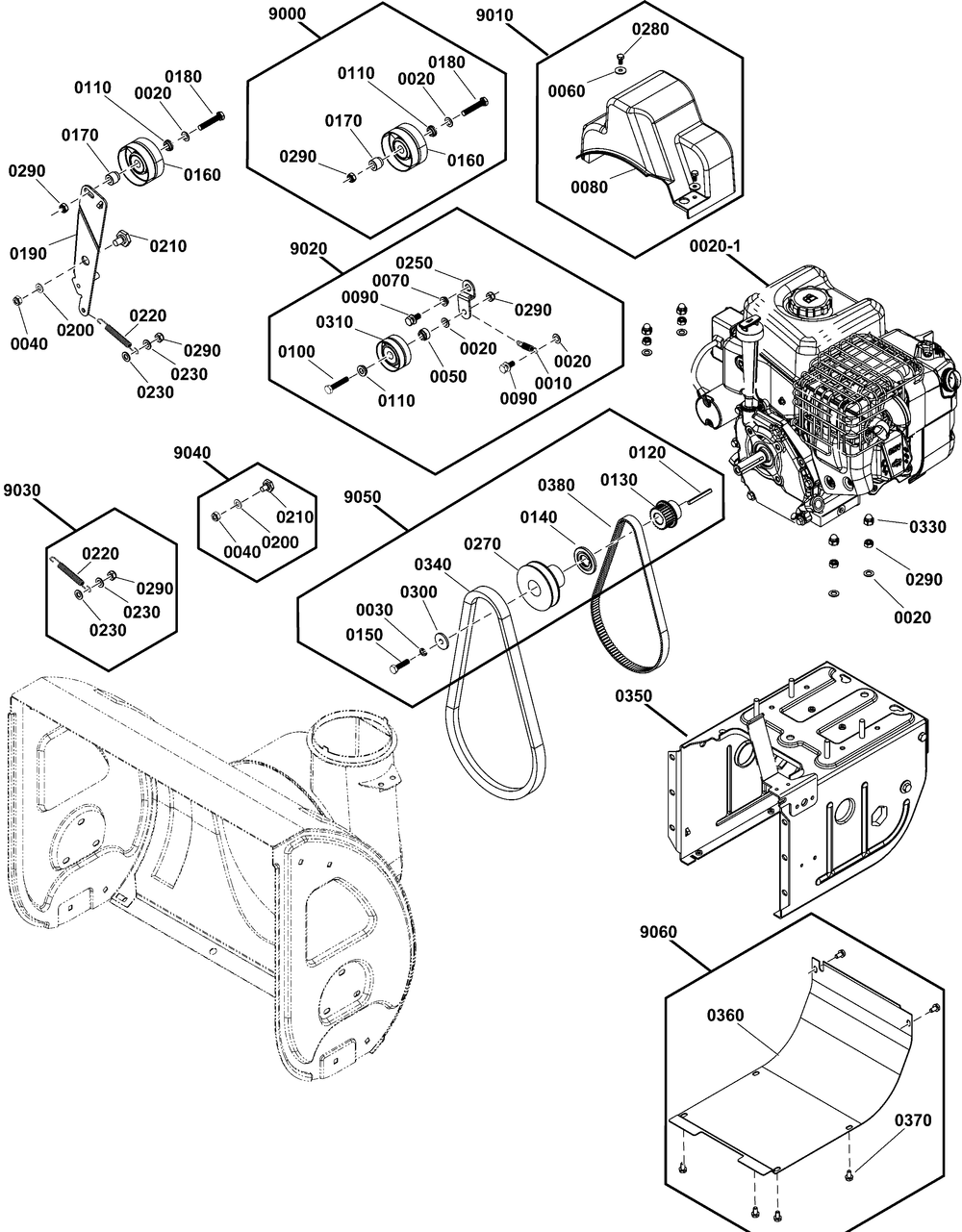 Engine And Frame Group Diagram and Parts List for 1697439-00-1024L 2021 Briggs and Stratton Snow Blower